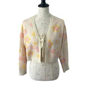 Witty Fox Sweater Women's Large Cream Floral Cropped Knit‎ Cardigan Printed